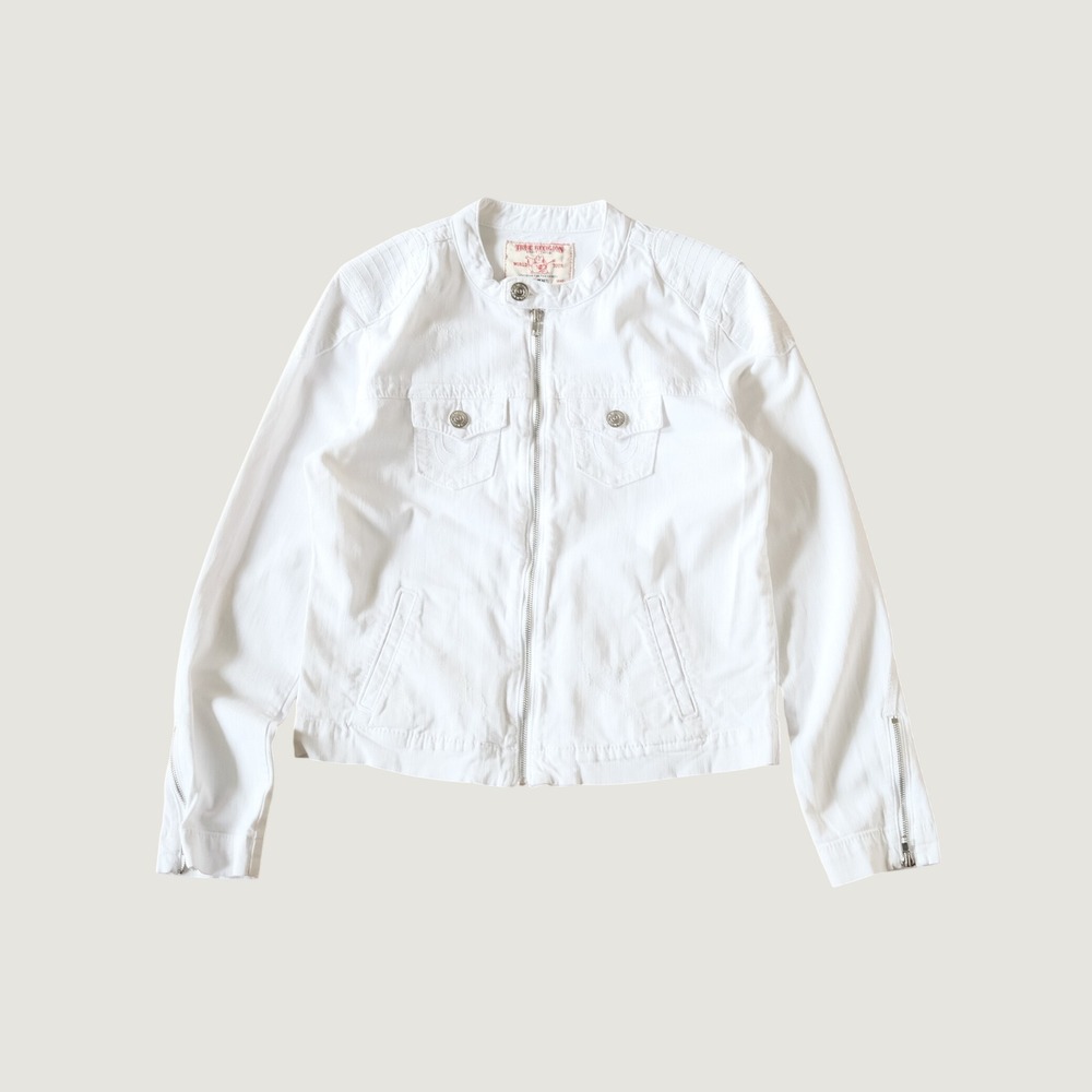 True Religion Moto Jacket White‎ Quilted Denim Biker XL Full Zip Streetwear